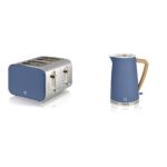 Swan Nordic 4 Slice Toaster, Blue, 1500W, Scandi Style, ST14620BLUN & Nordic Jug Kettle, 1.7 Litre, Blue, Rapid Boil, Wood Effect Handle, Soft Touch Housing and Matte Finish, 3KW, SK14610BLUN