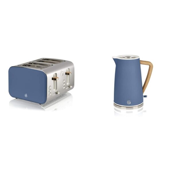 Swan Nordic 4 Slice Toaster, Blue, 1500W, Scandi Style, ST14620BLUN & Nordic Jug Kettle, 1.7 Litre, Blue, Rapid Boil, Wood Effect Handle, Soft Touch Housing and Matte Finish, 3KW, SK14610BLUN
