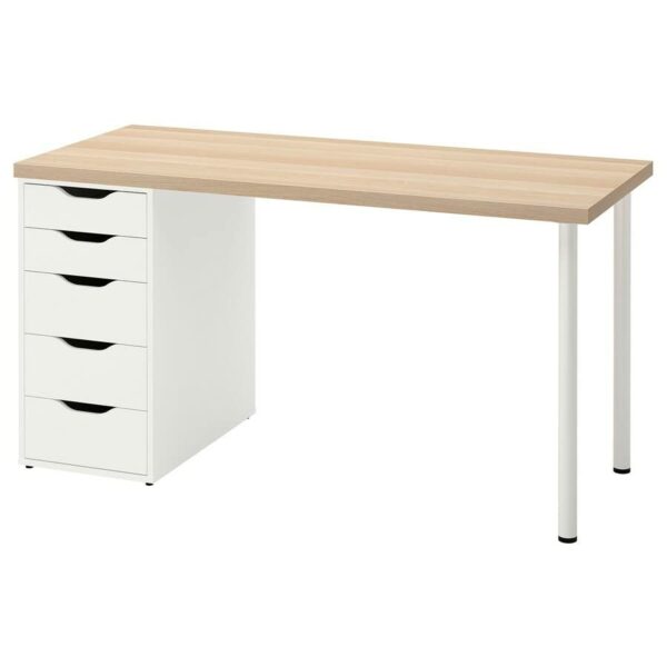 Lagkapten/Alex Desk, 140x60 cm, durable and easy to care for. Desks for home. Desks computer desks. Tables desks. (White stained oak effect/white)