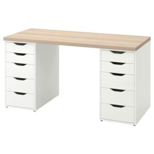Lagkapten/Alex Desk, 140x60 cm, Durable Easy to Care For. Home Desks. White Stained Oak Effect/White
