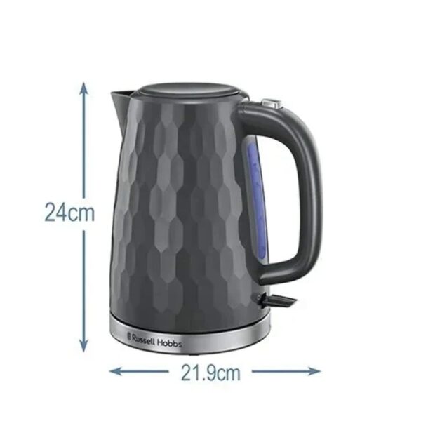 Russell Hobbs Honeycomb Electric 1.7L Cordless Kettle (Fast Boil 3KW, Grey premium plastic, matt & high gloss finish, Removable washable anti-scale filter, Push button lid, Perfect pour spout) 26053