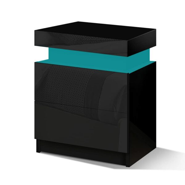 Elfordsen Led Bedside Table with 2 Drawers and 1 Top Drawer, Bedside Cabinet with 4-side High Gloss