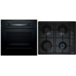 Bosch HBS534BB0B Serie 4 Built-in Oven with EcoClean Direct, Cleaning Assistance, 3D Hotair and LED display, 60 x 60 cm, Black & Bosch PBP6B6B60 Gas hob, 60 cm, Black, Serie 2, Built in