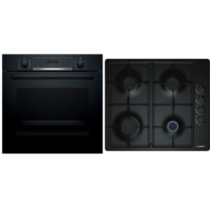 Bosch HBS534BB0B Serie 4 Built-in Oven with EcoClean Direct, Cleaning Assistance, 3D Hotair and LED display, 60 x 60 cm, Black & Bosch PBP6B6B60 Gas hob, 60 cm, Black, Serie 2, Built in