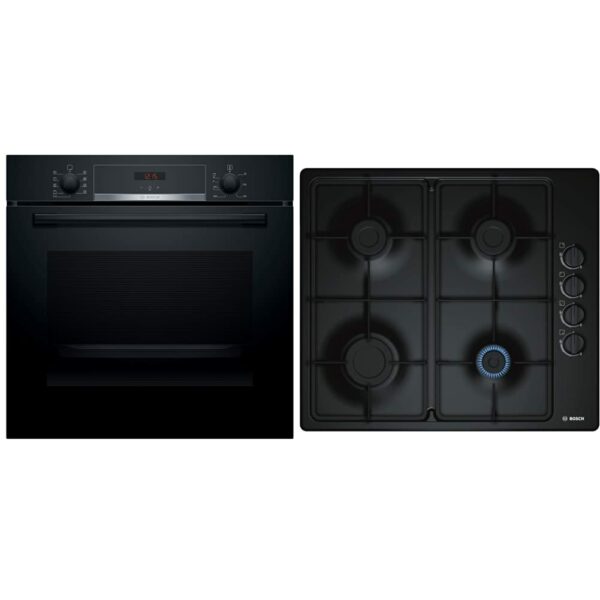 Bosch HBS534BB0B Serie 4 Built-in Oven with EcoClean Direct, Cleaning Assistance, 3D Hotair and LED display, 60 x 60 cm, Black & Bosch PBP6B6B60 Gas hob, 60 cm, Black, Serie 2, Built in