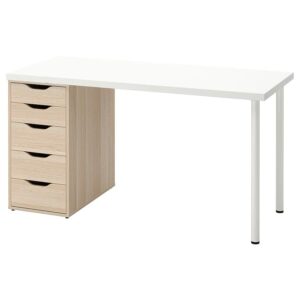 Lagkapten/Alex Desk, 140x60 cm, durable and easy to care for. Desks for home. Desks computer desks. Tables desks. (White/white stained oak effec)