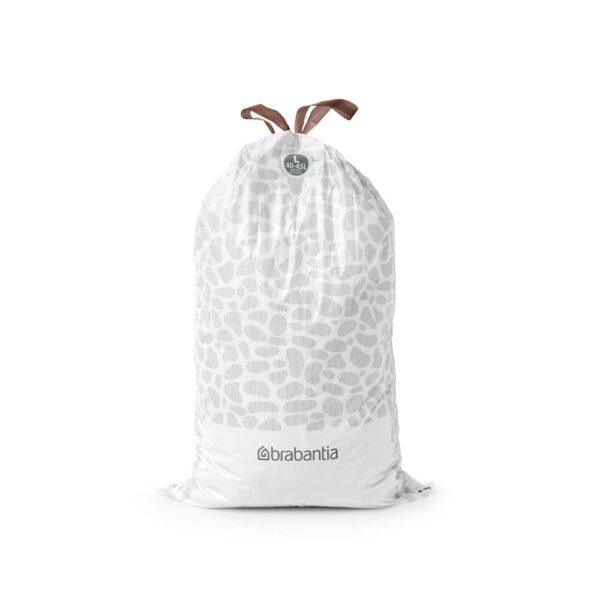 Brabantia 138645 PerfectFit Bin Liners (Size L/40-45 Litre) Thick Plastic Trash Bags with Tie Tape Drawstring Handles (40 Bags), White