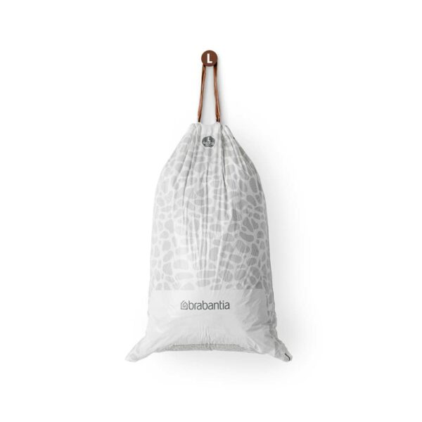 Brabantia 138645 PerfectFit Bin Liners (Size L/40-45 Litre) Thick Plastic Trash Bags with Tie Tape Drawstring Handles (40 Bags), White