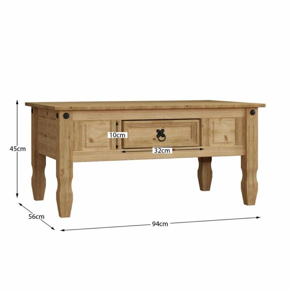Basics Coffee Table with Drawer, Rectangular, Waxed Solid Pine Wood, Traditional, Rustic, 56 x 94 x 45