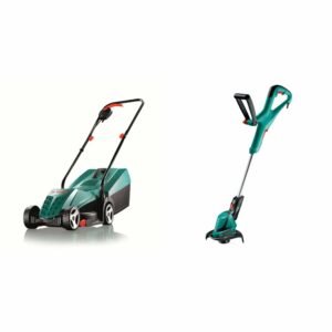 Bosch Rotak 32R Electric Rotary Lawnmower with 32 cm Cutting Width & Bosch ART 24 Electric Grass Trimmer, Cutting Diameter 24 cm