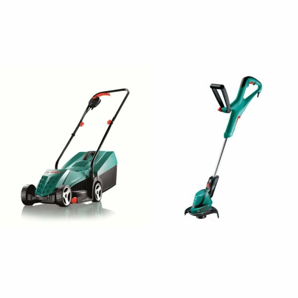 Bosch Rotak 32R Electric Rotary Lawnmower with 32 cm Cutting Width & Bosch ART 24 Electric Grass Trimmer, Cutting Diameter 24 cm