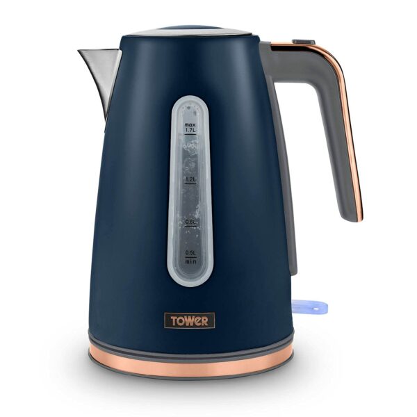 Tower T10066BLU Cavaletto Jug Kettle with 360° Swivel Base, 1.7L, 3KW, Midnight Blue and Rose Gold