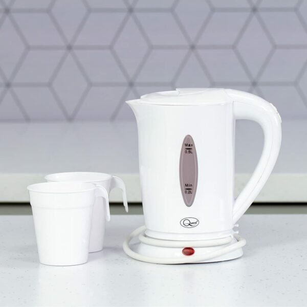 Quest 35440 Compact Travel Kettle / 0.5 litres / 600 Watt/Dual Voltage/Indicator Light/Includes 2 Cups/White