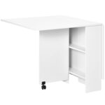 Homcom Folding Dining Table, Drop Leaf Table with 2-Tier Shelves, Rolling Casters, for Small Spaces, Kitchen, White