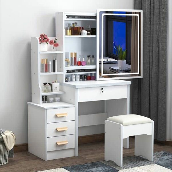 Dressing Table with LED Lights and Adjustable Brightness, Vanity Desk with Mirror, 4 Drawers, 6 Hidden Shelves, and Stool, Makeup Desk for Bedroom, Modern Makeup Table with Mirror and Chair (White)
