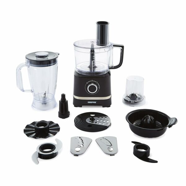 Geepas 800W 10 in 1 Food Processor Blender | Multifunctional Electric Blender Chopper Shredder Slicer French Fry Cutter Citrus Juicer Whisk Emulsifier Dry Grinder & Dough Attachment | 2 Speed & Pulse