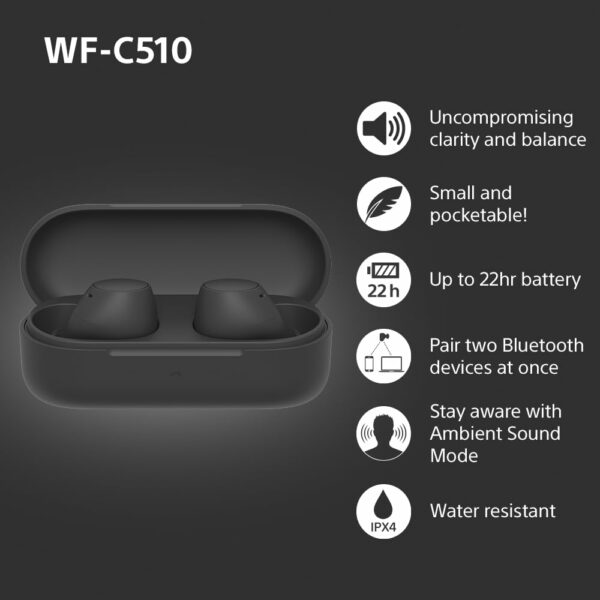 Sony WF-C510 Truly Wireless Earbuds – Small, Light, Bluetooth In Ear Headphones with Multipoint Connection, Ambient Sound, IPX4 Rating, Spotify Tap, Quick Charge, 22 HR Battery, iOS & Android - Black