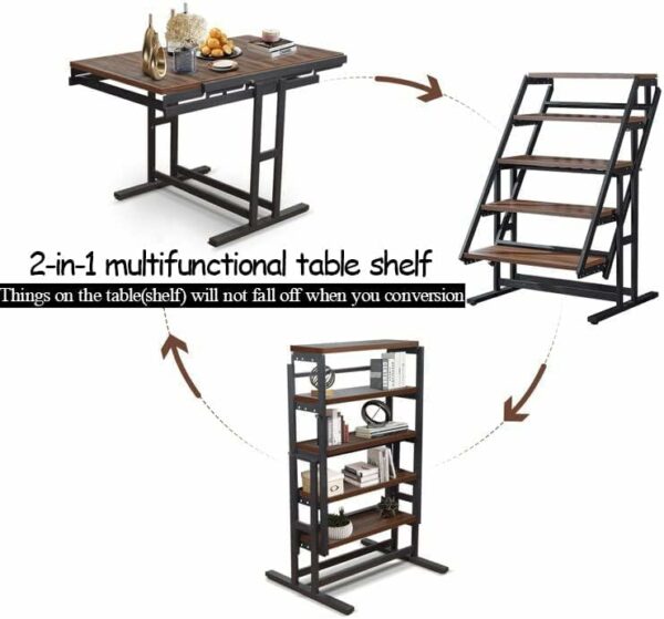DISHENGZHEN Space Saving Convertible Shelf Table, Multipurpose Converting Kitchen Dining Table to Shelf, Wood and Metal Convertible 2 in 1 Bookshelf to Dining Table