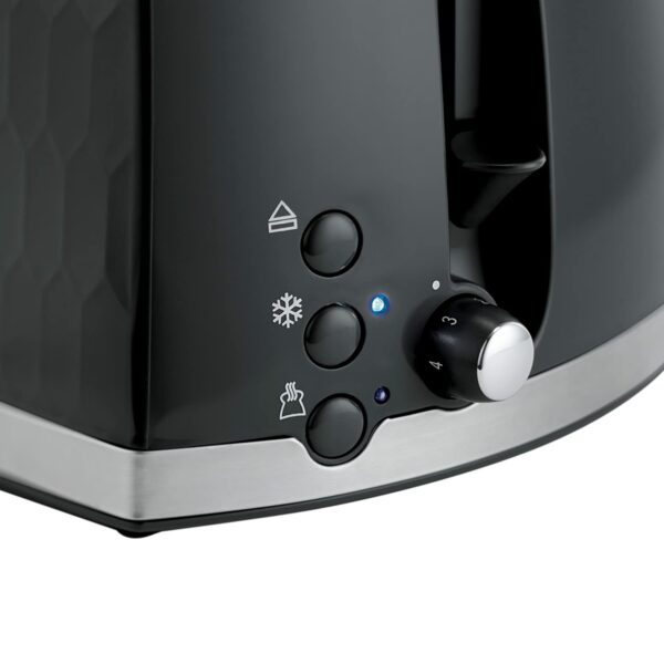 Russell Hobbs Honeycomb 2 Slice Toaster (Extra wide slots, High lift feature, 6 Browning levels, Frozen/Cancel/Reheat function, Removable crumb tray, 850W, Black, Textured high gloss) 26061