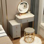 Dressing Table Set with LED Lights Mirror and 4 Drawers, Wooden Makeup Vanity Desk Stool, Modern Makeup Vanity Dressing Table with Cushioned Stool, for Women Girls,White+gray,L:60cm/23.6 inc