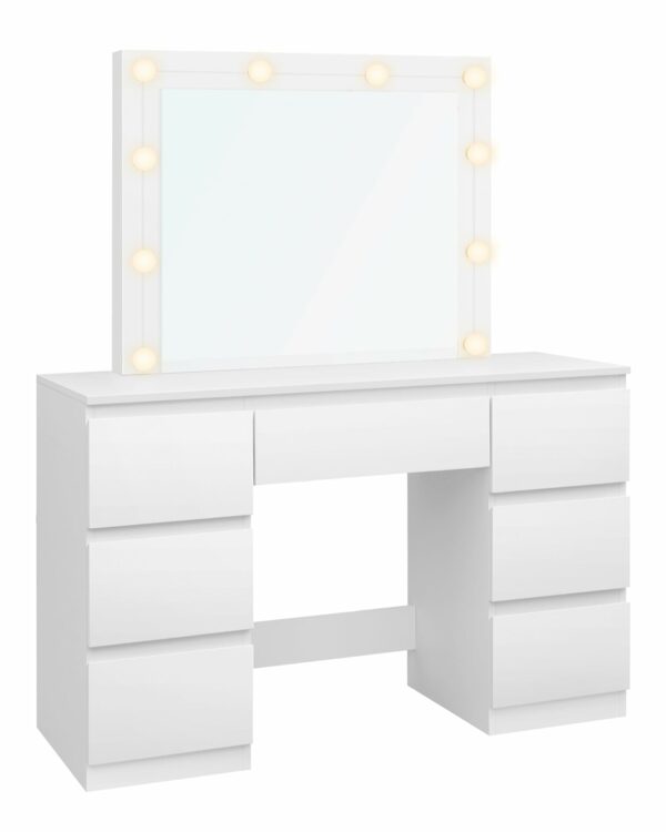 WOLTU Dressing Table with LED Bulb Lights, Adjustable Brightness, Vanity Table Makeup Desk with Large Mirror and 7 Drawers, 110 x 140.5 x 39.5 cm, White Bedroom Dresser Cosmetic Table, MB6099ws
