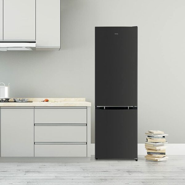 CHiQ 260L Freestanding fridge freezer low frost (54cm wide 128cm High) 70/30, 12-year compressor warranty,E 39 db, Reversible Doors dark inox