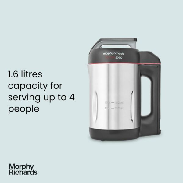 Morphy Richards Sauté & Soup Maker, 1.6L, 4 Settings, Smooth, Chunky, Juice, Blend Pause Function, Family Size, Non-Stick Coated Jug, Detachable Power Cord, Stainless Steel, 501014