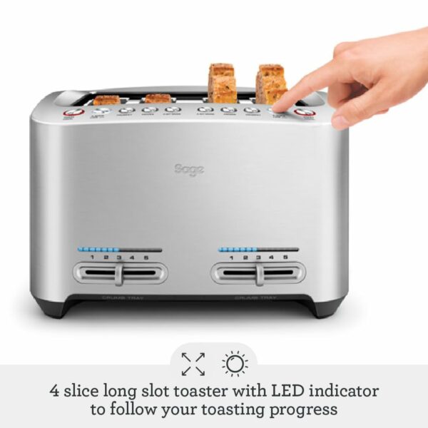 Sage - The Smart Toast - 4-Slice Toaster, 2000 W - Extra Wide Slots, 5 Browning Levels, Automated Lowering, Easy to Clean - Frozen, Crumpet, Lift & Look - Bagel, Toast, Bread - Brushed Aluminium