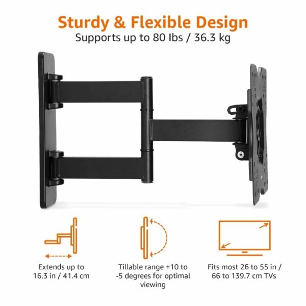 Amazon Basics TV Wall Bracket for 26-55 inch(66cm-140cm) TVs, Swivels Tilts TV Wall Mount for Flat & Curved TV, VESA 100x100mm to 400x400mm, holds up to 36kg, Black