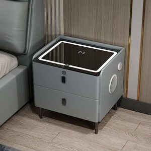 Smart Nightstand with Wireless Charging Station LED Lights Fingerprint Lock Bluetooth Speaker 2 Storage Drawers Modern Bedside Table for Bedroom/Living Room.