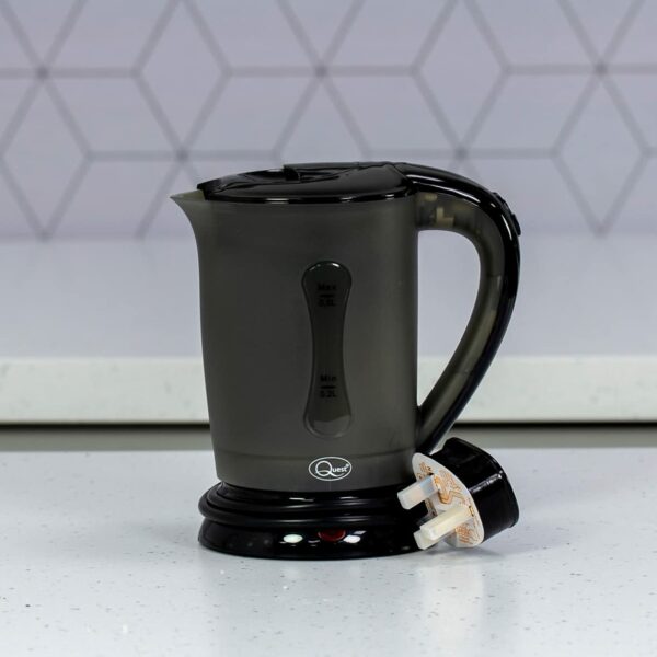 Quest Black Travel Kettle with 2 Cups | Portable & Lightweight | Dual Voltage for Worldwide Use | Safety Protection | Use in Caravans, Camp Sites and on Holiday