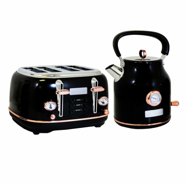 Charles Bentley 1.7L Kettle & 4 Slice Toaster Set Black & Rose Gold Fast Boil 360 Swivel Base 6 Setting Removable Water Filter