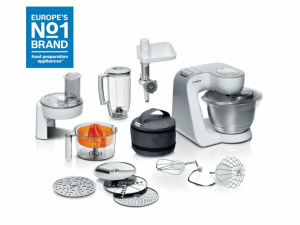 Bosch CreationLine 7 in 1 Stand Mixer MUM58259 with 11 accessories, 7 Speeds, dough hook, whisk, beater, blender, juicer, mincer, shredder, 1000W, AMAZON EXCLUSIVE - White/Silver