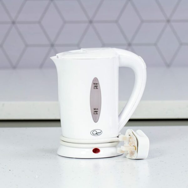 Quest 35440 Compact Travel Kettle / 0.5 litres / 600 Watt/Dual Voltage/Indicator Light/Includes 2 Cups/White