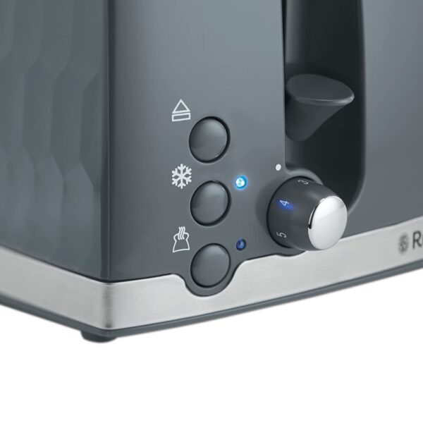 Russell Hobbs Honeycomb 4 Slice Toaster (Independent & Extra wide slots with high lift, 6 Browning levels, Frozen/Cancel/Reheat function, Removable crumb tray, 1500W, Grey textured high gloss) 26073