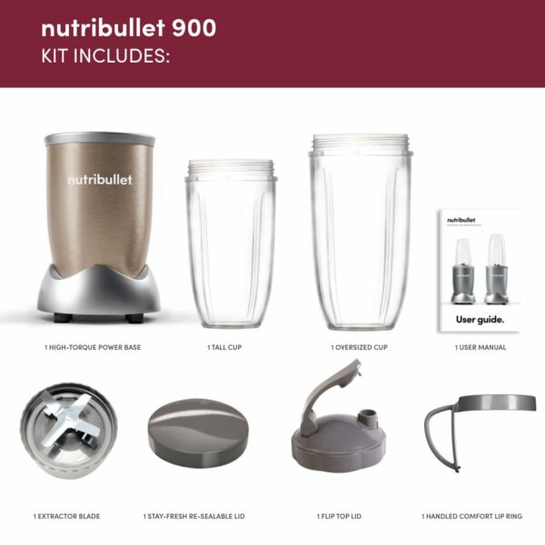 nutribullet Blender 900 Series - Powerful 24,000 RPM Extractor Blends Frozen Fruit, Nuts & Ice - 8 Piece Kit Includes Oversized Cup, Tall Cup, Handled Ring & 2 Lids - For Smoothies & Juices