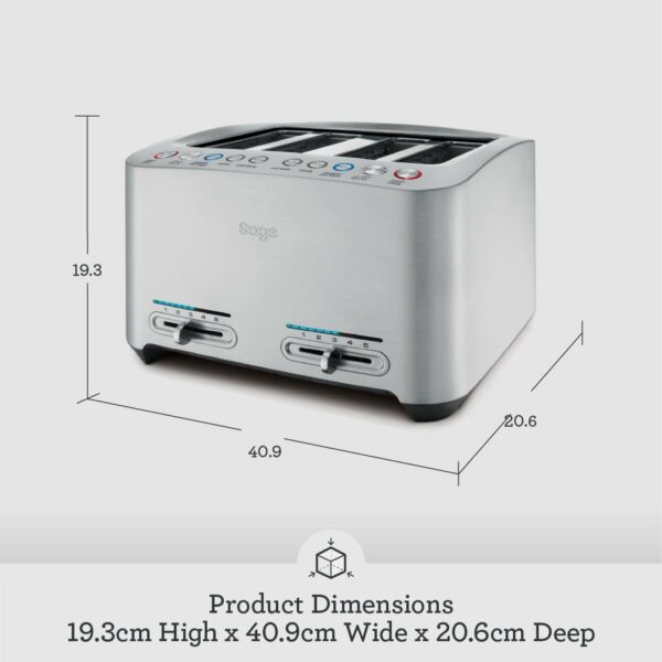 Sage - The Smart Toast - 4-Slice Toaster, 2000 W - Extra Wide Slots, 5 Browning Levels, Automated Lowering, Easy to Clean - Frozen, Crumpet, Lift & Look - Bagel, Toast, Bread - Brushed Aluminium