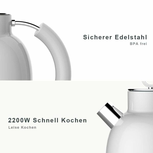 Stainless Steel Kettle, ASCOT Electric Kettle, 2200 W, 1.6 Litres, Retro Design, Wireless Tea Maker, BPA , Boil Dry Protection, Automatic Shut-Off, White