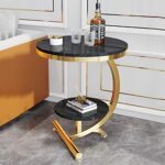 Luxury Marble Sofa Side Table Corner Table Living Room Double Layer Sofa End Bedside Table Small Round Coffee Table,Black,50cm