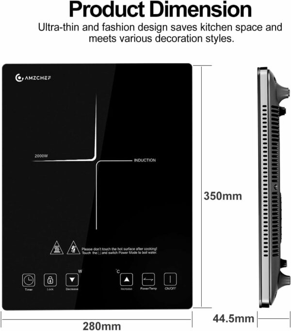 AMZCHEF induction hob with ultra-slim design, 10 temperature levels and 10 power settings, 2000 W induction plate with 3 hour timer, safety lock