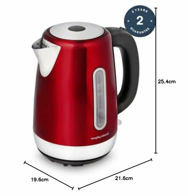 Morphy Richards Equip Jug Kettle, 1.7L, 3Kw Rapid boil, Removeable Limescale Filter, Easy View Water Gauge, Stainless Steel Case, Red, 102785