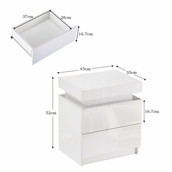 Tukailai Set of 2 White Bedside Table with 2 Drawers and Top Storage, Modern Gloss Front Bedside Cabinet with LED Lights