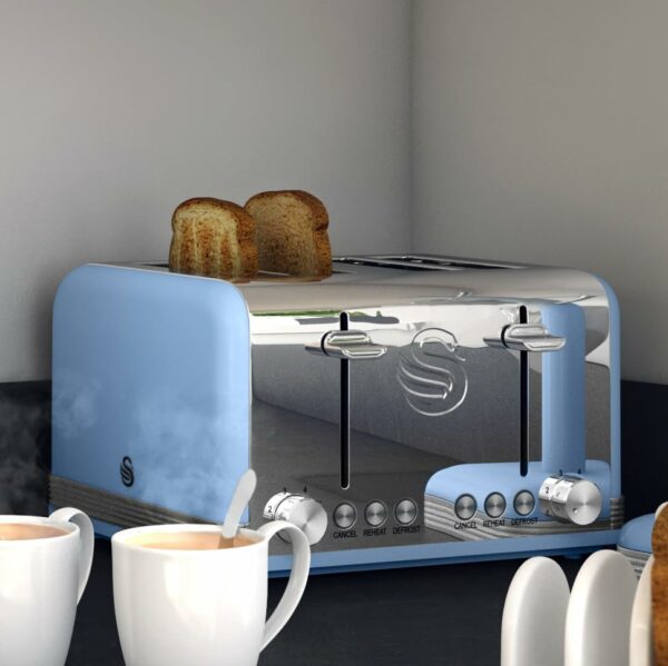 Swan ST19020BLN Retro 4-Slice Toaster with Defost/Reheat/Cancle Functions, Cord Storage, 1600W, Retro Blue