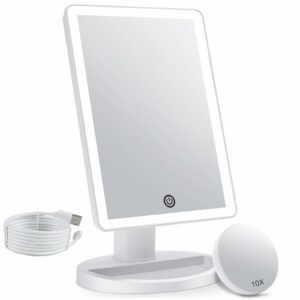 FASCINATE Makeup Vanity Mirror with 3 Color Lighting and Detachable 10X Magnification, 72 Led Lights Adjustable Dimming Touch Sensor, Dual Power Supply, 180° Rotation, Portable Cosmetic Mirror