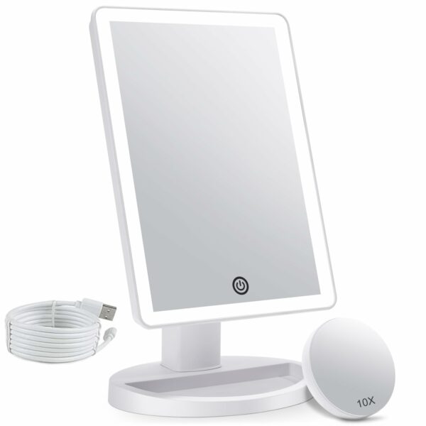 FASCINATE Makeup Vanity Mirror with 3 Color Lighting and Detachable 10X Magnification, 72 Led Lights Adjustable Dimming Touch Sensor, Dual Power Supply, 180° Rotation, Portable Cosmetic Mirror