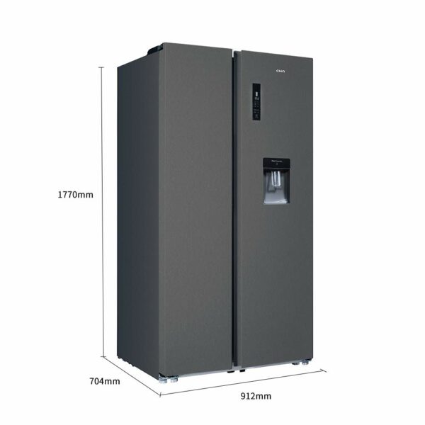 Chiq American fridge freezer FSS559NEI42D, 559 litres, inverter compressor, ventilated cold, frost free, dark inox, E, 39db, water dispenser 5 liters