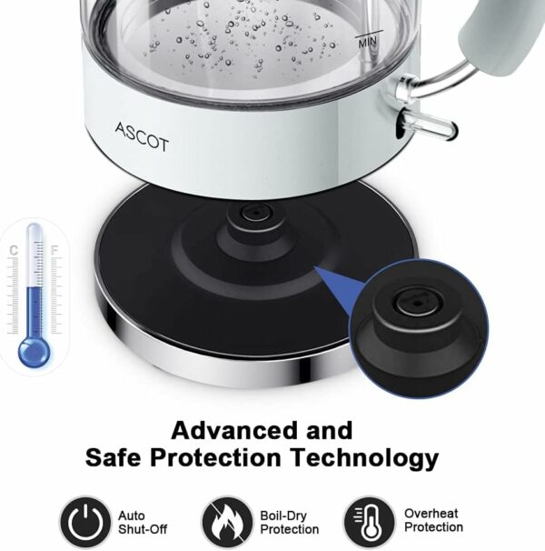 ASCOT Electric Kettle, Glass Electric Tea Kettle, Gift for Man/Women/Family, 1.5L Glass Tea Heater & Hot Water Boiler, BPA-Free, Auto Shut-Off and Boil-Dry Protection (White),(K1)