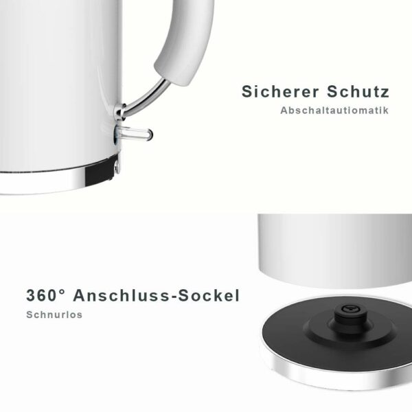 Stainless Steel Kettle, ASCOT Electric Kettle, 2200 W, 1.6 Litres, Retro Design, Wireless Tea Maker, BPA , Boil Dry Protection, Automatic Shut-Off, White