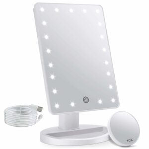 FASCINATE Makeup Vanity Mirror with Lights and Detachable 10X Magnification, 21 Led Lights Adjustable Dimming Touch Sensor, Dual Power Supply, 180° Rotation, Portable Cosmetic Mirror