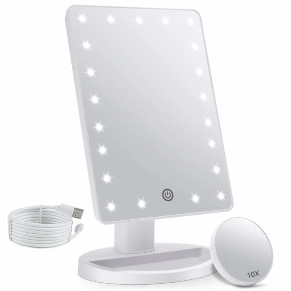 FASCINATE Makeup Vanity Mirror with Lights and Detachable 10X Magnification, 21 Led Lights Adjustable Dimming Touch Sensor, Dual Power Supply, 180° Rotation, Portable Cosmetic Mirror